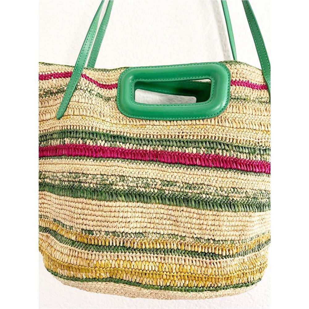 Maje Striped Raffia Basket Bag in the "Casino Green" Summer Stripe Beach Bag - Picture 6 of 13